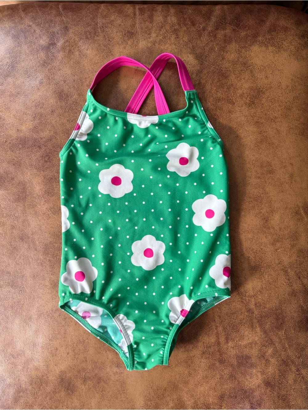 MINI BODEN Floral Print 1 Piece Swimsuit Girls Sz 4 - 5Y Green Polka Dot Pink